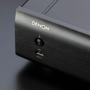 Close-up of the power button for easy operation and HDMI port on the front panel of the Denon DCD-900NE CD Player for high-quality audio transmission.