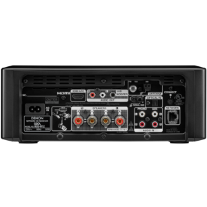 Close-up of Denon CEOL RCD-N12’s back panel, showing speaker terminals, HDMI ARC, USB, Ethernet, and other connectivity options.
