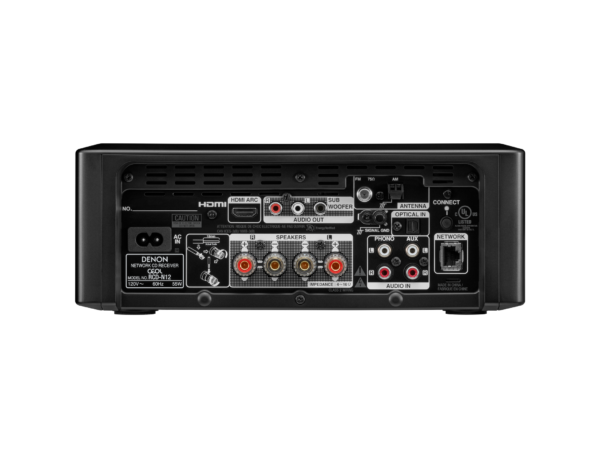 Close-up of Denon CEOL RCD-N12’s back panel, showing speaker terminals, HDMI ARC, USB, Ethernet, and other connectivity options.