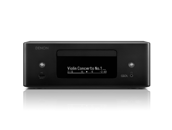 Compact and stylish Denon CEOL RCD-N12 network CD receiver with a sleek white finish, LED display, and control buttons.