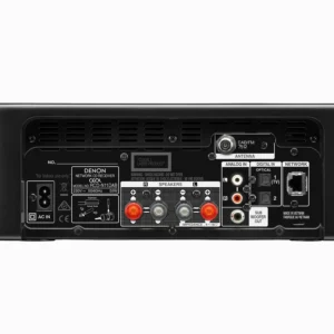 Close-up of the Denon CEOL RCD-N11 DAB’s rear connections, including speaker terminals, DAB/FM antenna, USB, Ethernet, and HDMI ARC.