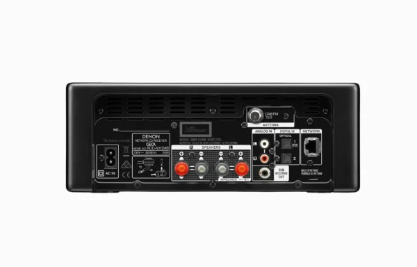 Close-up of the Denon CEOL RCD-N11 DAB’s rear connections, including speaker terminals, DAB/FM antenna, USB, Ethernet, and HDMI ARC.